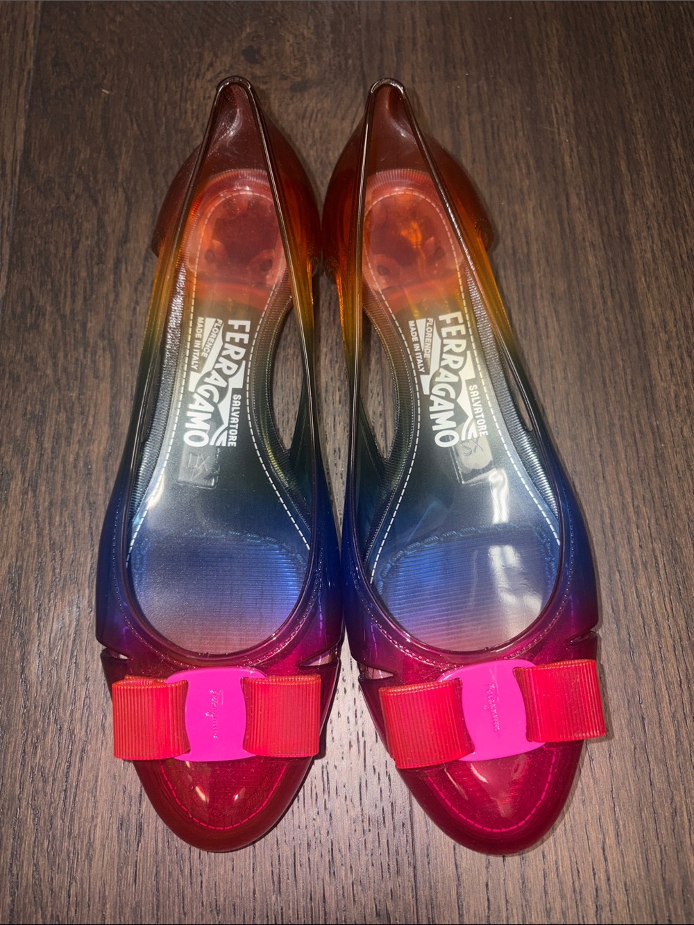 Salvatore Ferragamo Rainbow Multicolor Jelly Ballet Flats with Pink Bow Accent - Picture 2 of 6